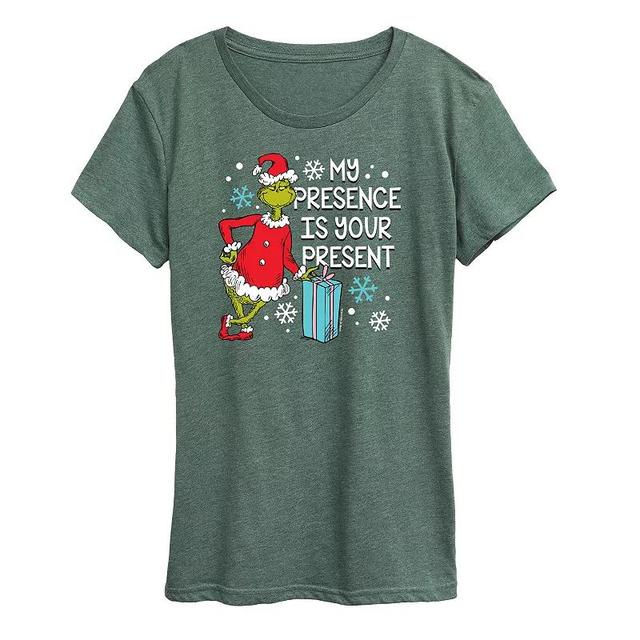 Womens Dr. Seuss The Grinch Presence Present Graphic Tee, Girls Grey Green Product Image