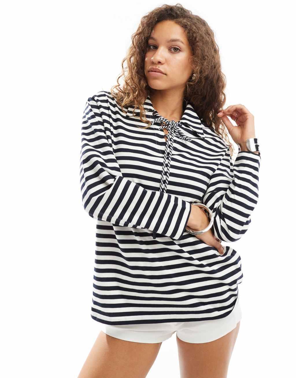 Urban Revivo tie detail relaxed striped sweater in blue and white product image