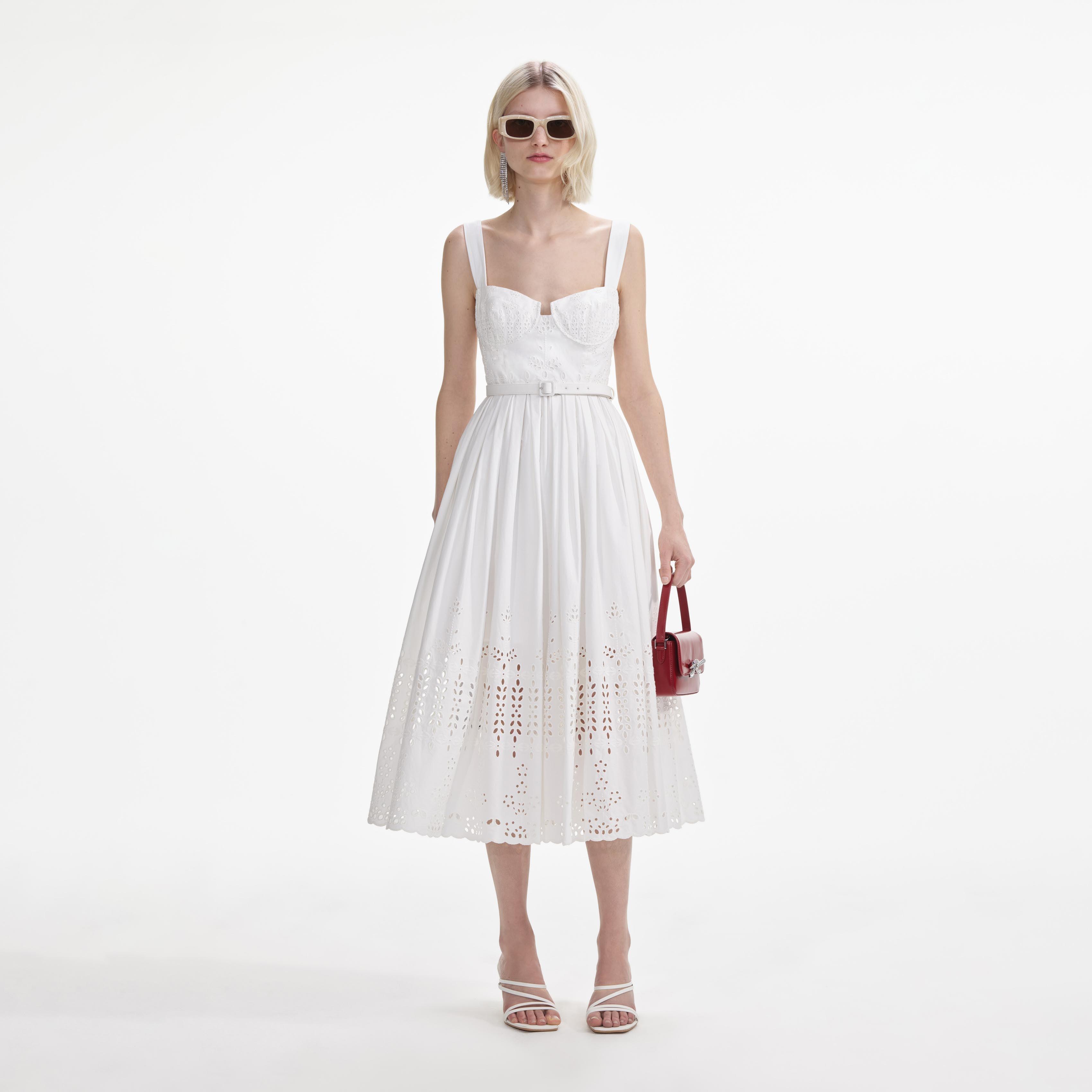 White Cotton Broderie Midi Dress Product Image