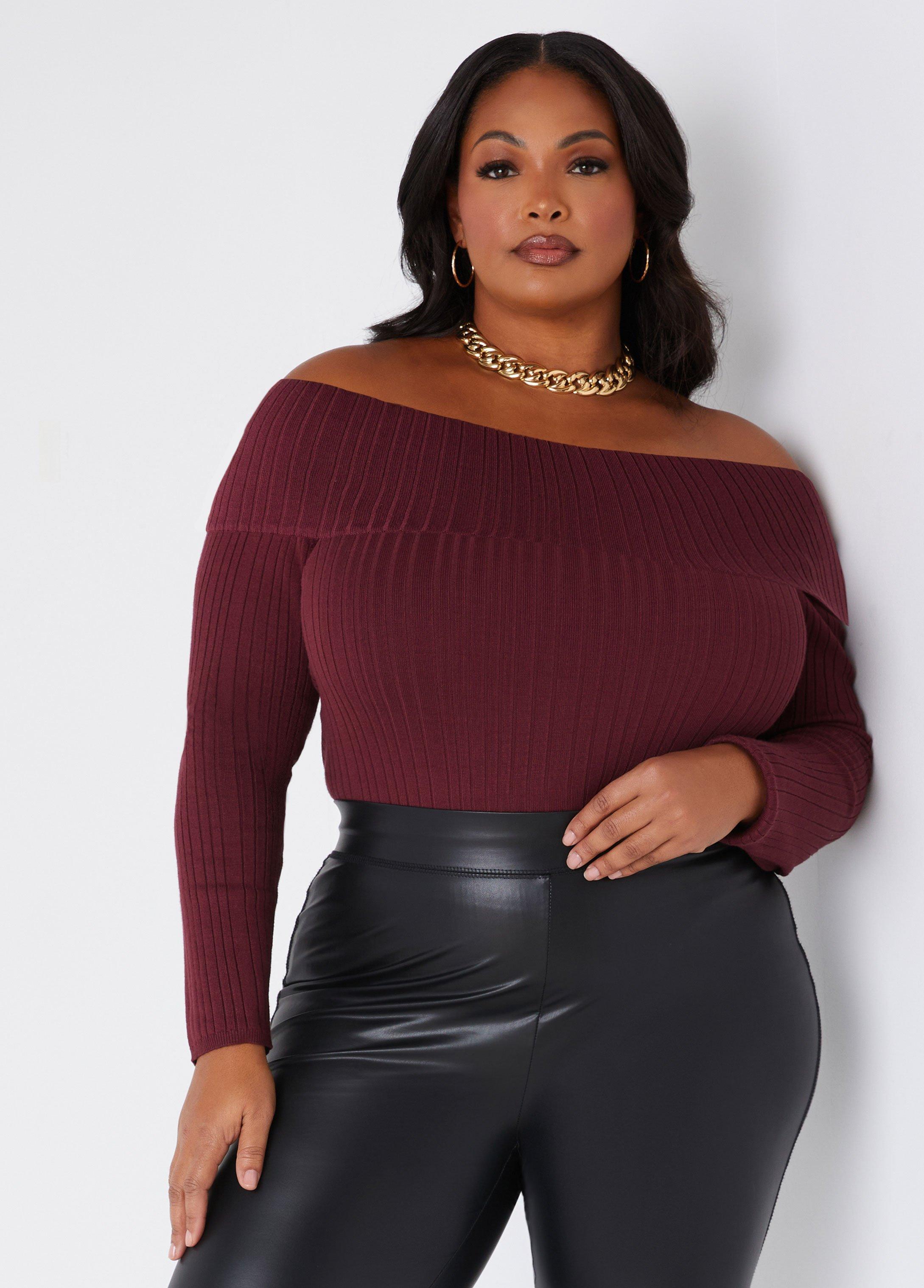 Plus Size Off The Shoulder Ribbed Sweater Ashley Stewart product image