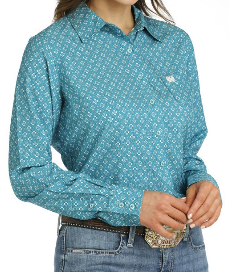 Cinch® Ladies' L/S Teal Geo Print ArenaFlex Button Shirt Product Image