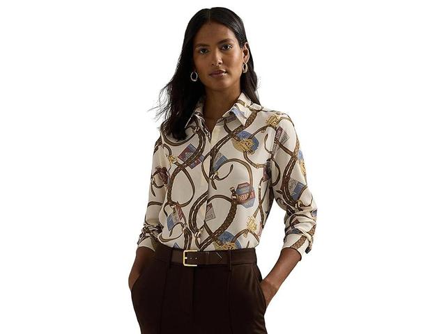 LAUREN Ralph Lauren Classic Fit Belting-Print Crepe Shirt (Cream ) Women's Clothing Product Image