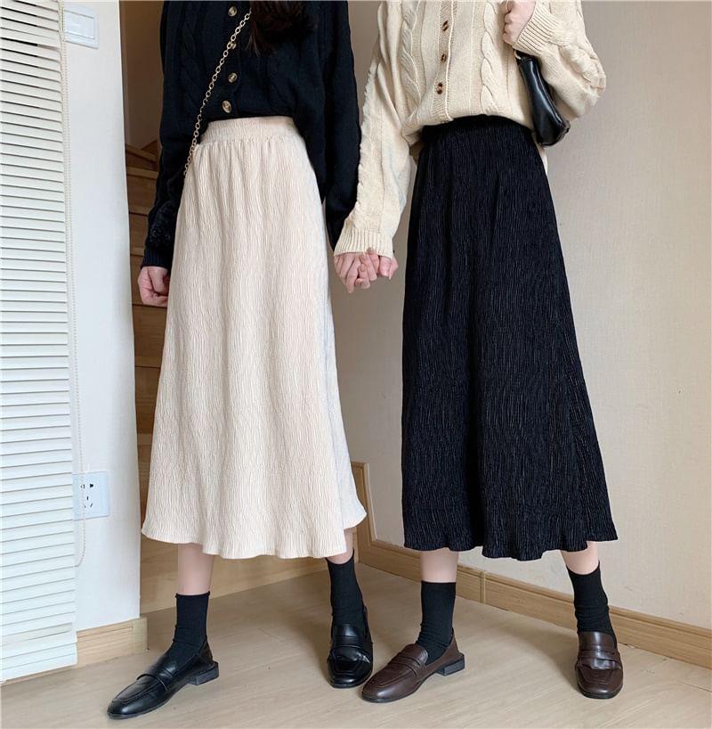 High Rise Plain Lettuce Edge Midi A-Line Skirt Product Image