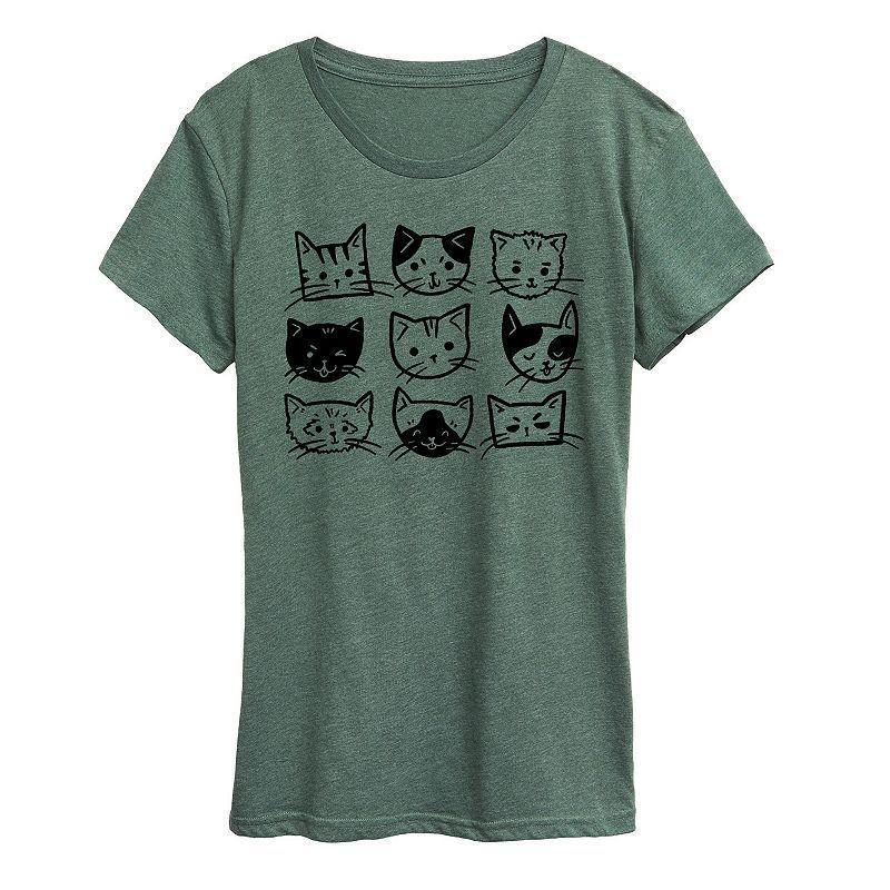 Plus Cat Faces Grid Graphic Tee, Womens Green Product Image