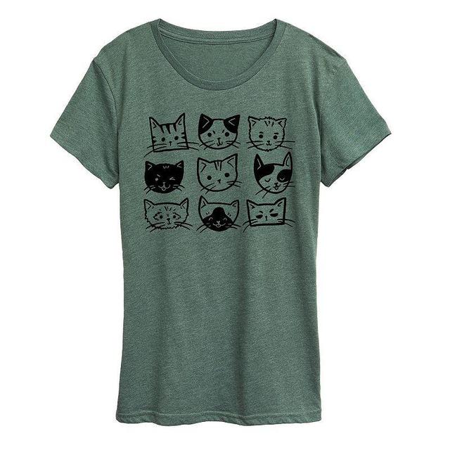 Plus Cat Faces Grid Graphic Tee, Womens Grey Green Product Image