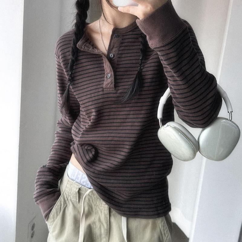 Long Sleeve Half-Button Striped Loose-Fit Top Product Image