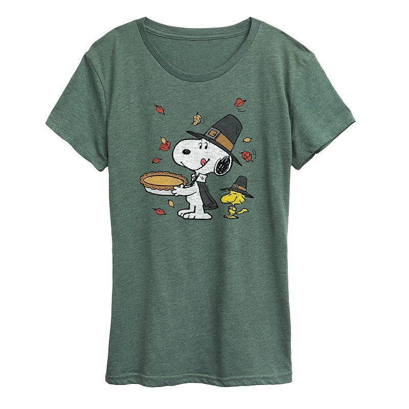 Womens Peanuts Snoopy & Woodstock Thanksgiving Scene Graphic Tee Green Product Image