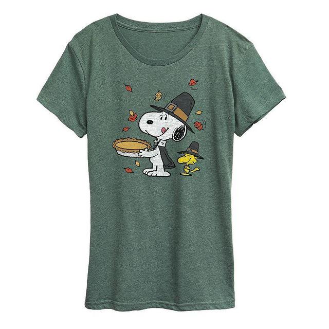 Womens Peanuts Snoopy & Woodstock Thanksgiving Scene Graphic Tee, Girls Grey Green Product Image