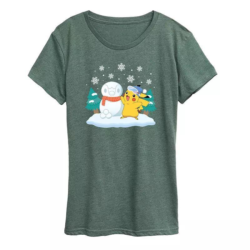 Missy Pokemon Pikachu Piplup Snowman Graphic Tee, Womens Grey Green Product Image