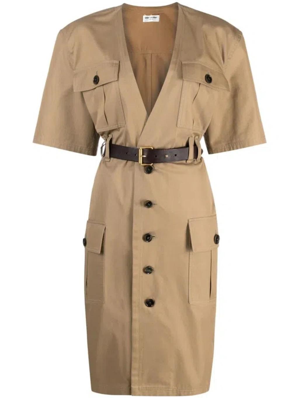 Belted Cotton Twill Dress In Brown Product Image