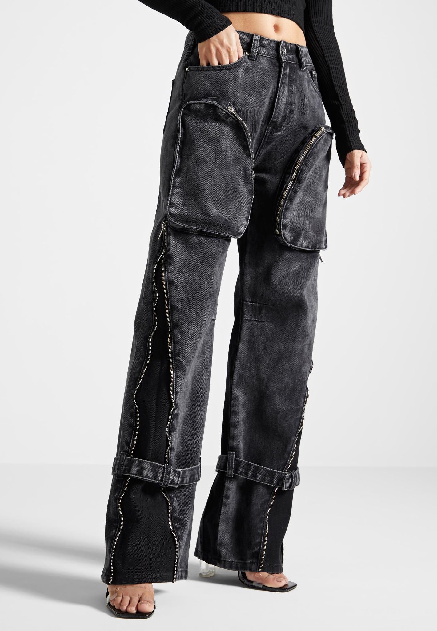 Zip Detail Denim Cargo Pants - Washed Black Female Product Image