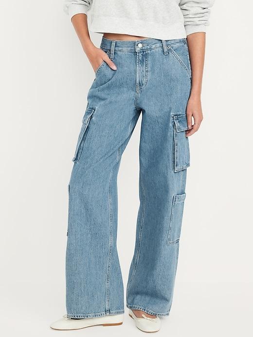 Mid-Rise Baggy Wide-Leg Cargo Jeans Product Image