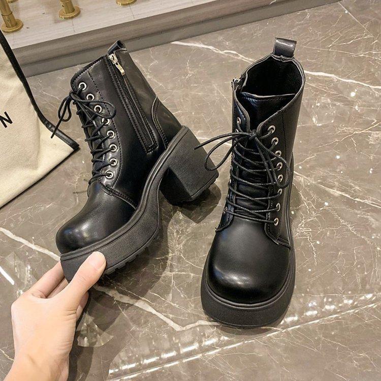 Faux Leather Block Heel Platform Short Boots Product Image