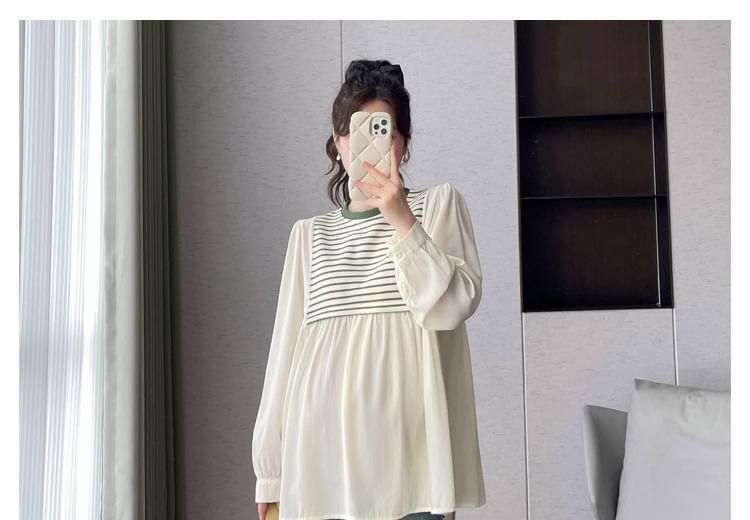 Maternity Long Sleeve Round Neck Striped Panel Blouse Product Image