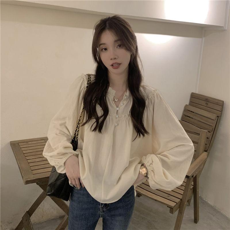 Long-Sleeve Plain Ruffle Trim Blouse Product Image