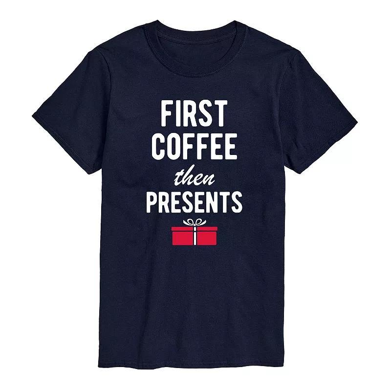 Mens First Coffee Then Presents Tee Blue Product Image