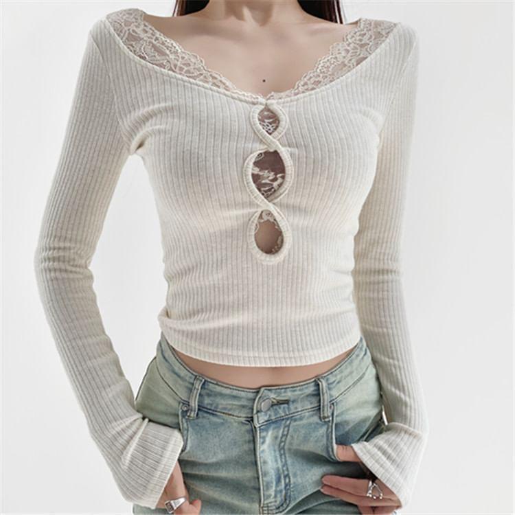 Long Sleeve V-Neck Plain Cutout Panel Lace Top Product Image