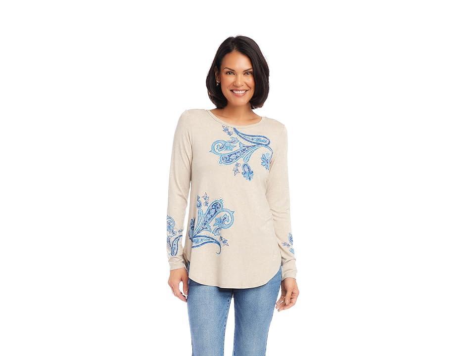 Karen Kane Paisley Print Shirttail Top (Oatmeal) Women's Clothing Product Image