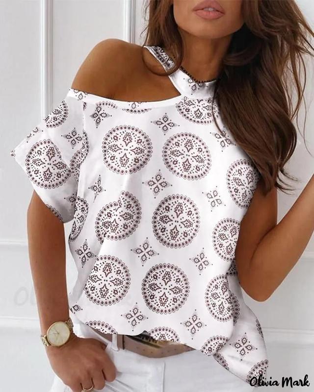 Olivia Mark – Cold Shoulder Retro Print Casual T-Shirt Product Image