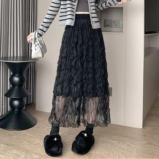 Elastic Waist Mesh Overlay Accordion Pleated Midi A-Line Knit Skirt Product Image