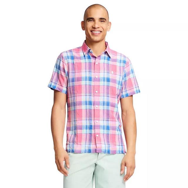 Mens IZOD Linen Blend Short Sleeve Button Front Shirt Rapture Pink Plaid Product Image