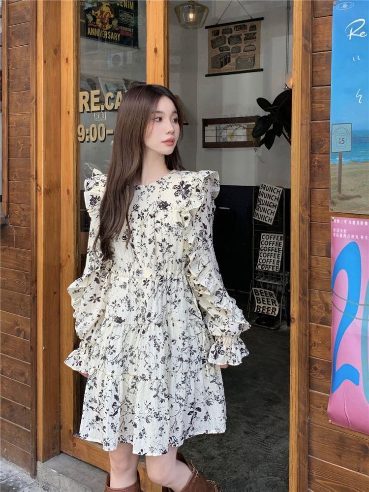 Long-Sleeve Round Neck Floral Ruffle Trim A-Line Dress Product Image