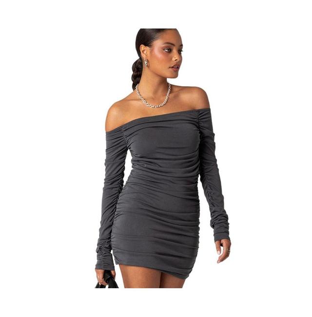 EDIKTED Cyra Ruched Off the Shoulder Long Sleeve Minidress Product Image