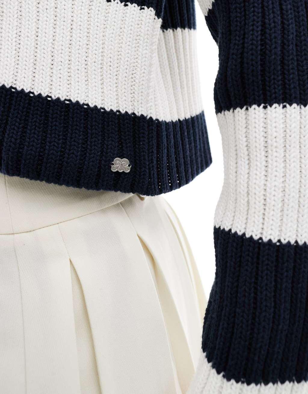 Pull&Bear cropped ribbed knit sweater in navy stripe Product Image