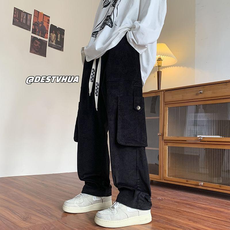 Drawstring Waist Plain Loose Fit Cargo Pants Product Image