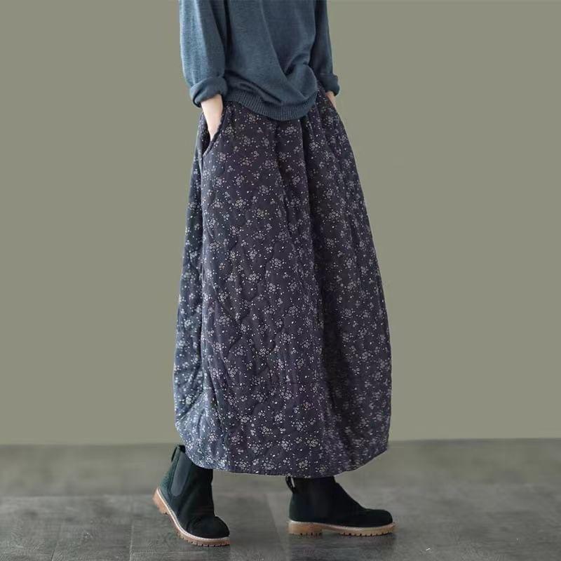 High Waist Floral Print A-Line Cotton Linen Skirt Product Image