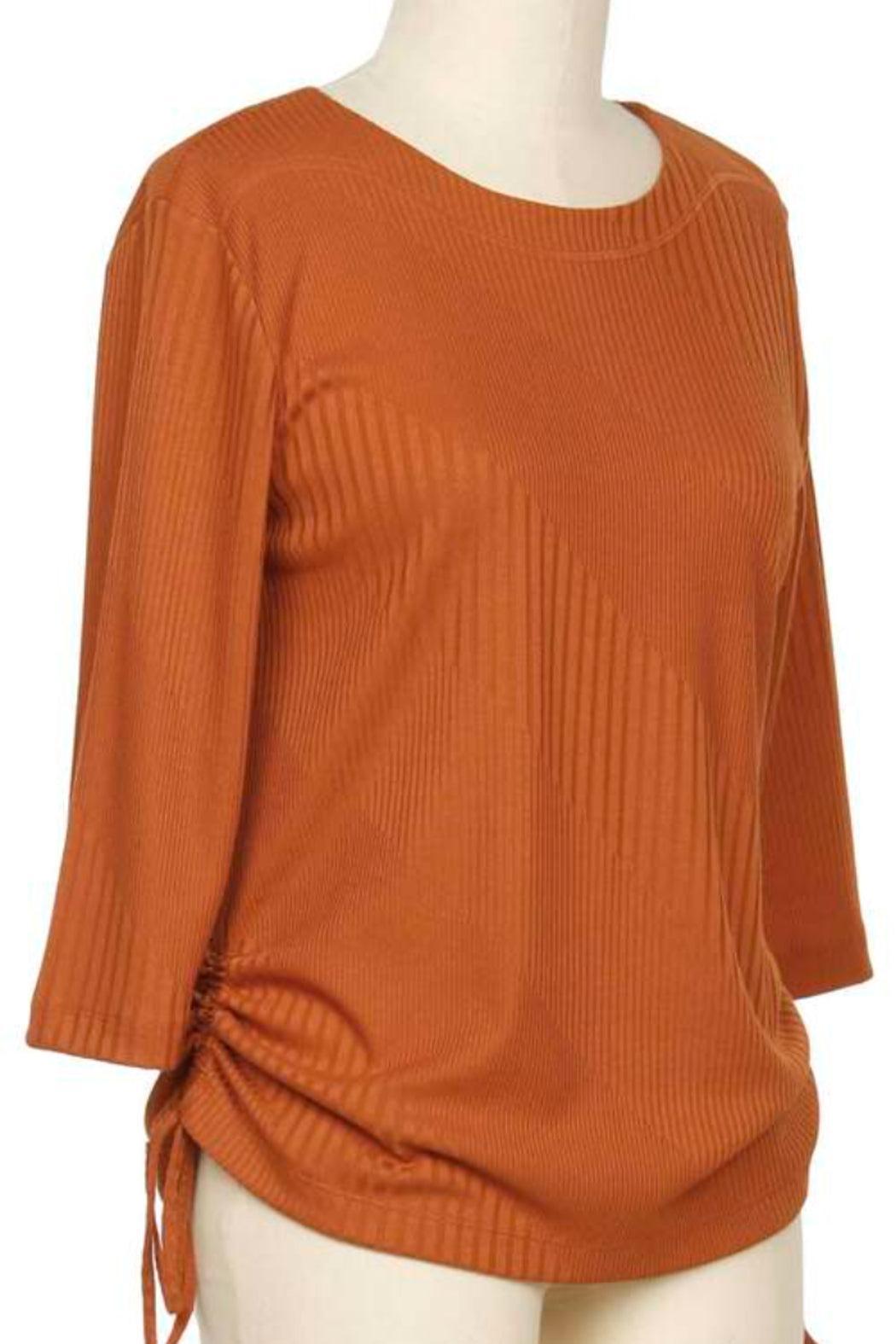 3/4 sleeve round neck top with tie ruching details at the side. Female Product Image