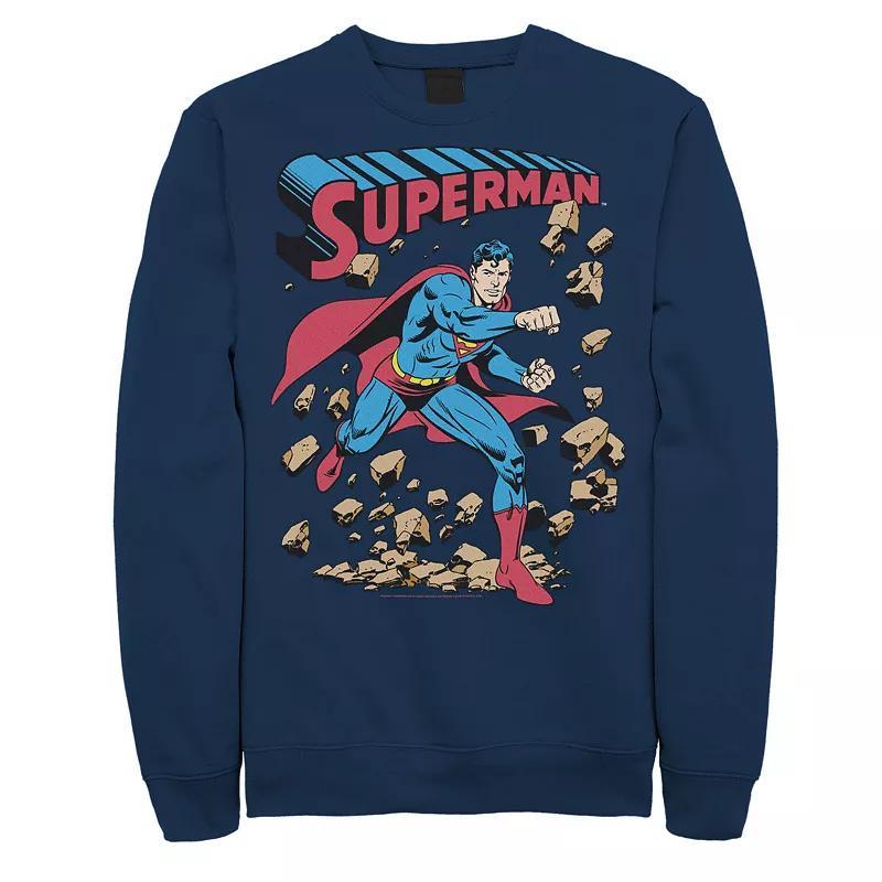 Mens DC Comics Superman Smash Rocks Vintage Poster Sweatshirt Blue Product Image