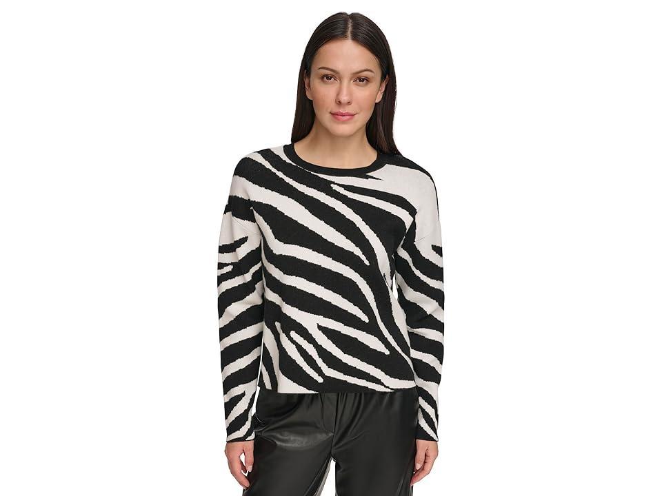 DKNY Long Sleeve Zebra Crew Neck Sweater (Ivory/Black) Women's Clothing Product Image