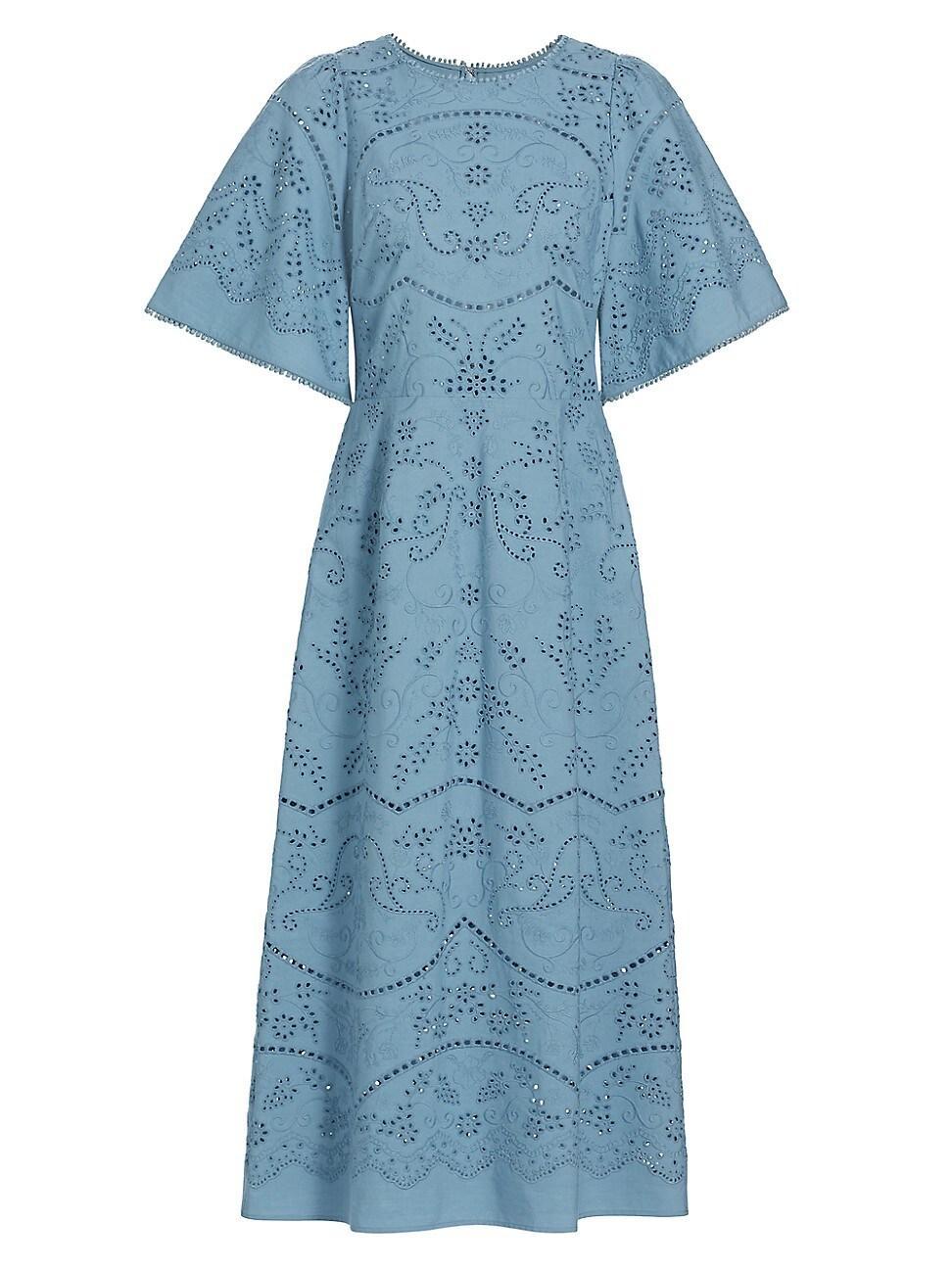 Womens Marchesa Rosa Dhalia Embroidered Cotton Midi-Dress Product Image