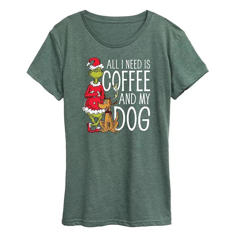 Womens Dr. Seuss The Grinch Coffee And My Dog Graphic Tee, Girls Grey Blue Product Image