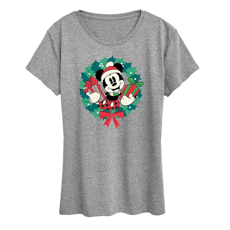 Disneys Mickey Mouse Womens Holiday Wreath Graphic Tee, Girls Grey Gray Product Image