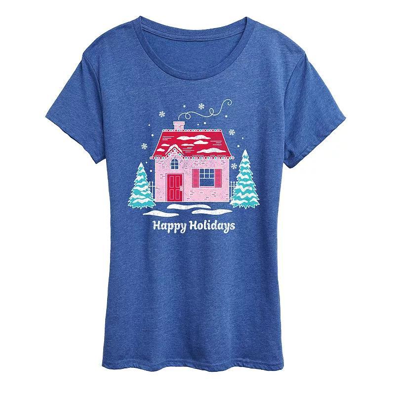 Womens Pink Holiday House Graphic Tee Grey Royal Blue Product Image