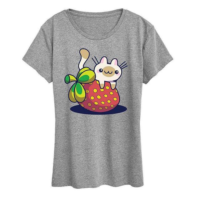 Womens Cat On Strawberry Graphic Tee, Girls Product Image