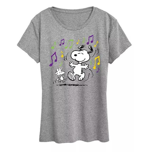 Womens Peanuts Snoopy & Woodstock Mardi Gras Dancing Graphic Tee Grey Gray Product Image