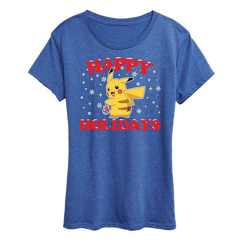 Womens Pokemon Happy Holidays Tee, Girls Grey Royal Blue Product Image