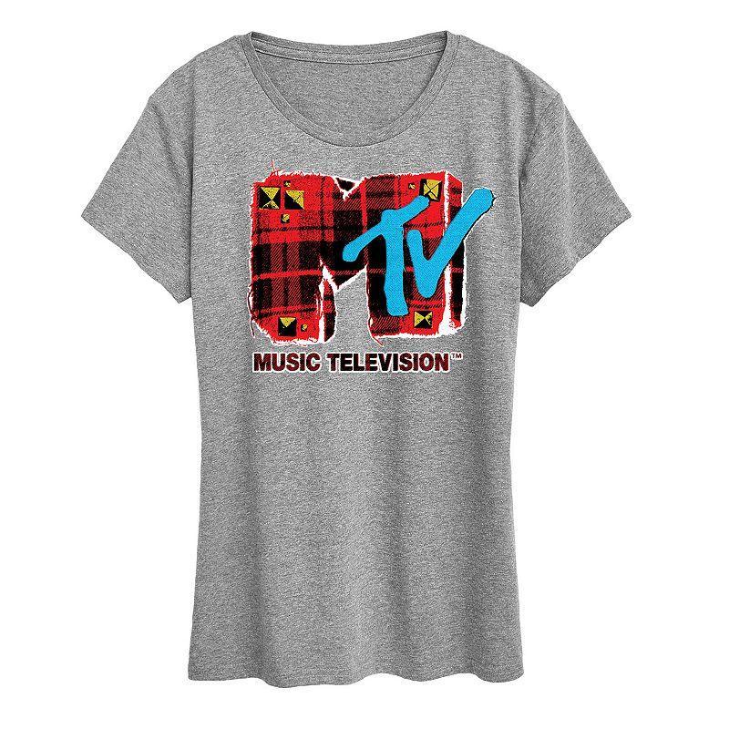 Womens MTV Grunge Plaid Graphic Tee Grey Gray Product Image