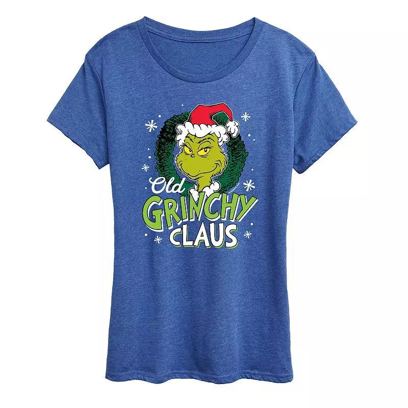 Womens Dr. Seuss Old Grinchy Claus Graphic Tee Grey Royal Blue Product Image