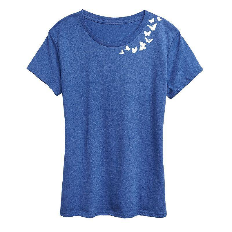 Womens Butterflies Graphic Tee Grey Royal Blue Product Image