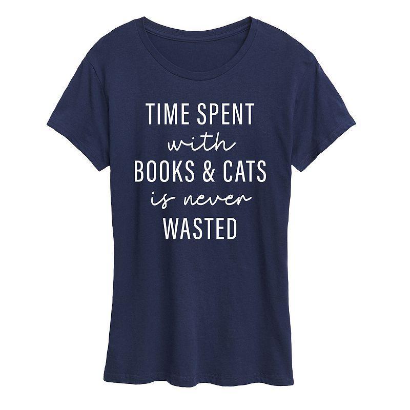 Instant Message Womens Womens Tee Shirts NAVY With Books & Cats Graphic Tee - Women Product Image