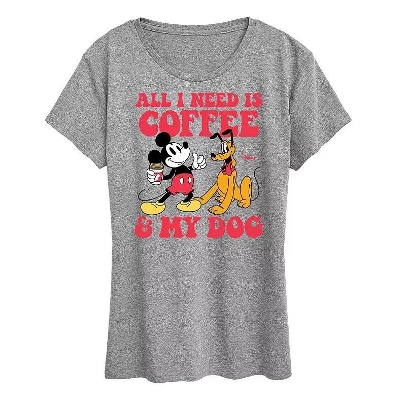 Disneys Mickey Mouse & Pluto Womens Coffee And My Dog Graphic Tee Grey Royal Blue Product Image