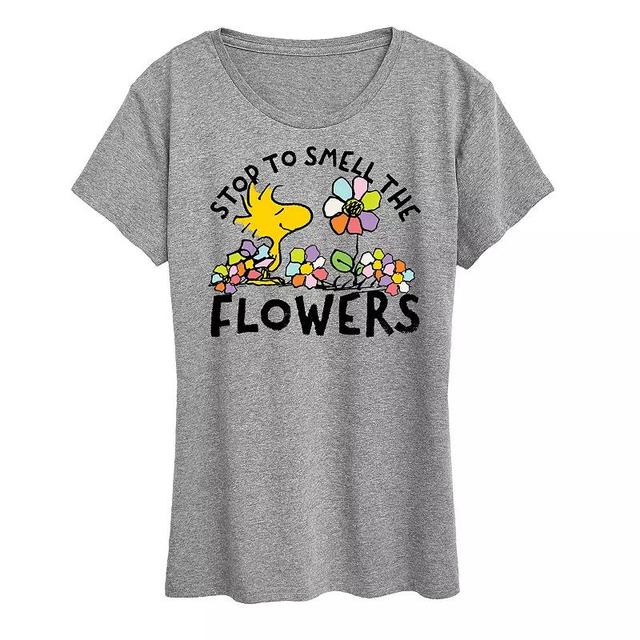 Womens Peanuts Woodstock Smell The Flowers Graphic Tee Grey Gray Product Image