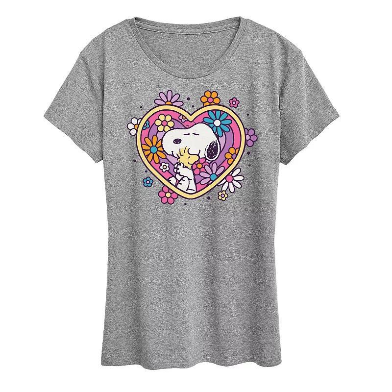 Womens Peanuts Snoopy & Woodstock Hug Heart Flower Graphic Tee, Girls Grey Gray Product Image