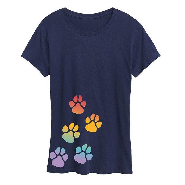 Womens Rainbow Paw Prints Graphic Tee Blue Product Image