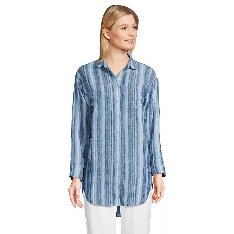 Womens Lands End Linen Long Sleeve Relaxed Tunic Top Grey Blue Stripe Product Image