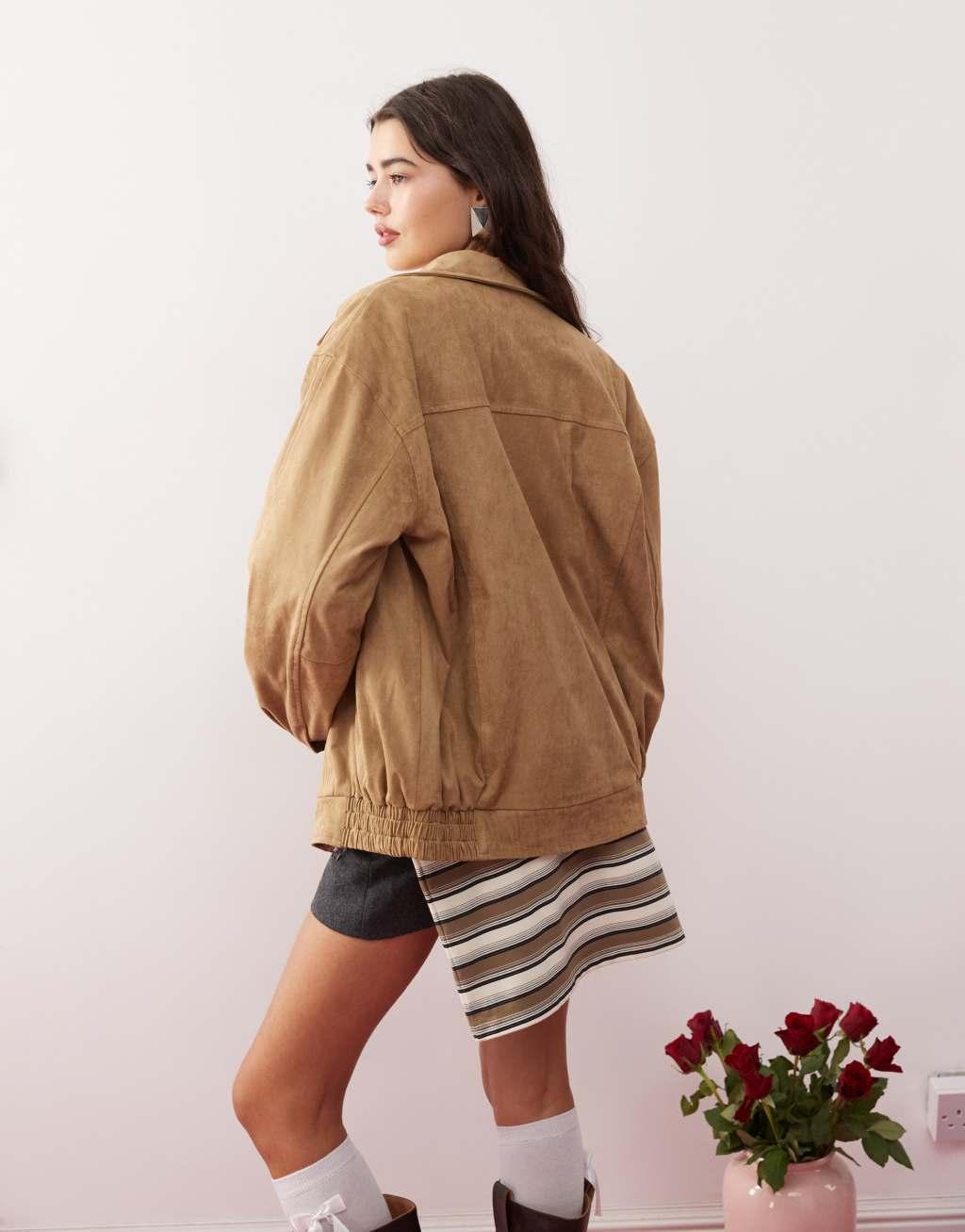 Motel cavita faux suede longline bomber jacket in tan Product Image